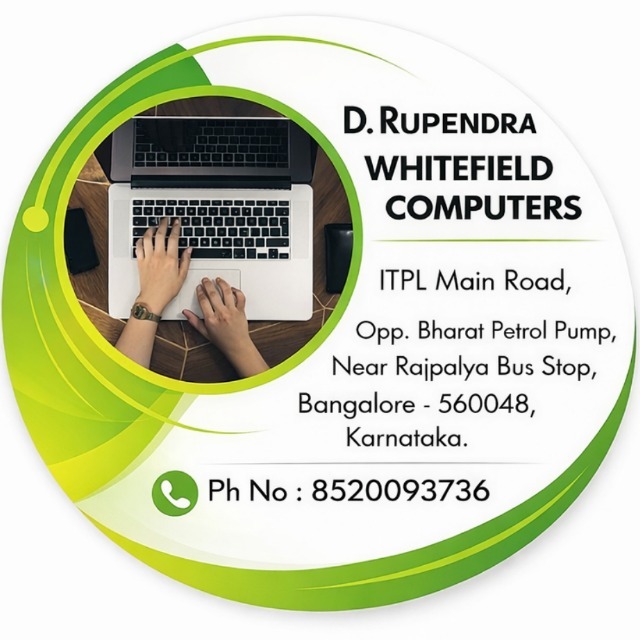 Whitefield Computers business card showing D. Rupendra, ITPL Main Road address and phone number